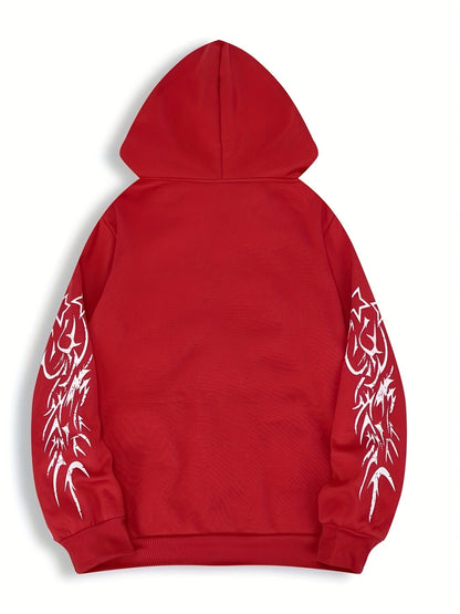Sweat à capuche zippé noir avec motif tribal rouge manches longues
