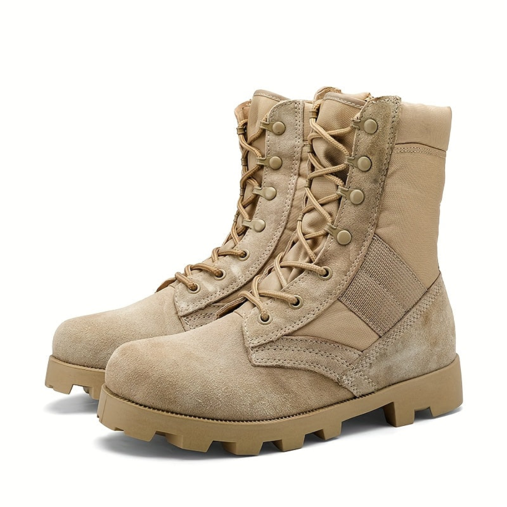 Bottes tactiques homme beige mi-montantes avec lacets et fermeture éclair latérale