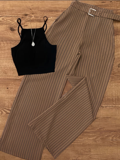 Ensemble femme élégant à rayures pour printemps/été, pantalon large et crop top chic