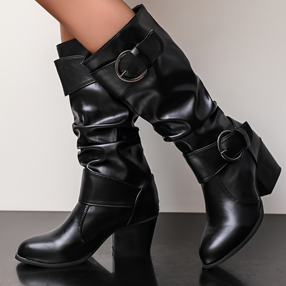 Bottes Femme mi-mollet plissées avec boucles décoratives et talon épais