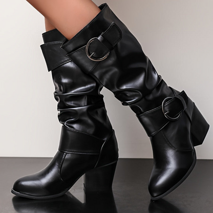 Bottes Femme mi-mollet plissées avec boucles décoratives et talon épais