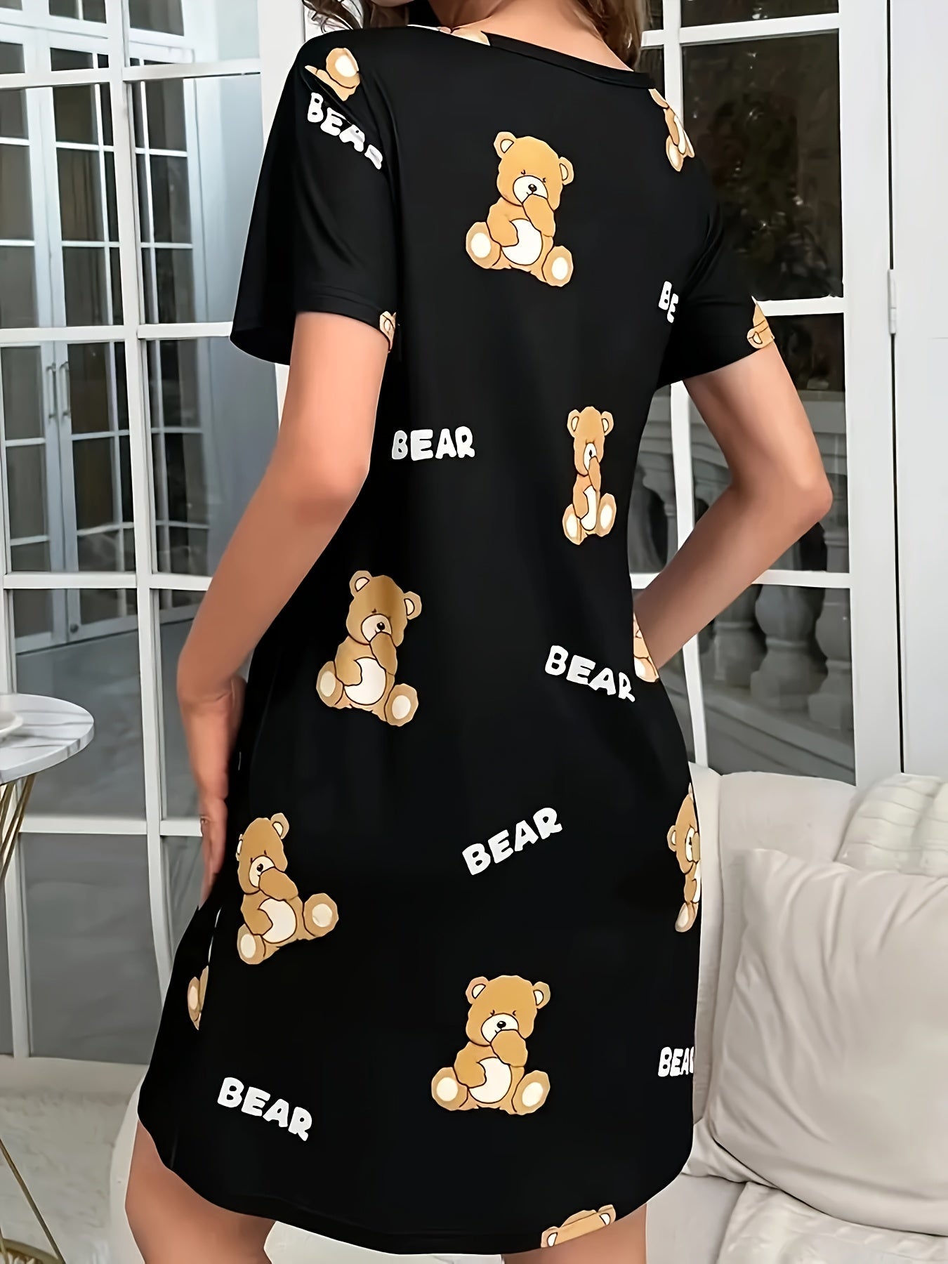 Chemise de nuit femme style tunique imprimé ourson, décontractée et confortable, idéale pour la maison