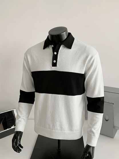 Polo à manches longues homme bicolore rayé col noir