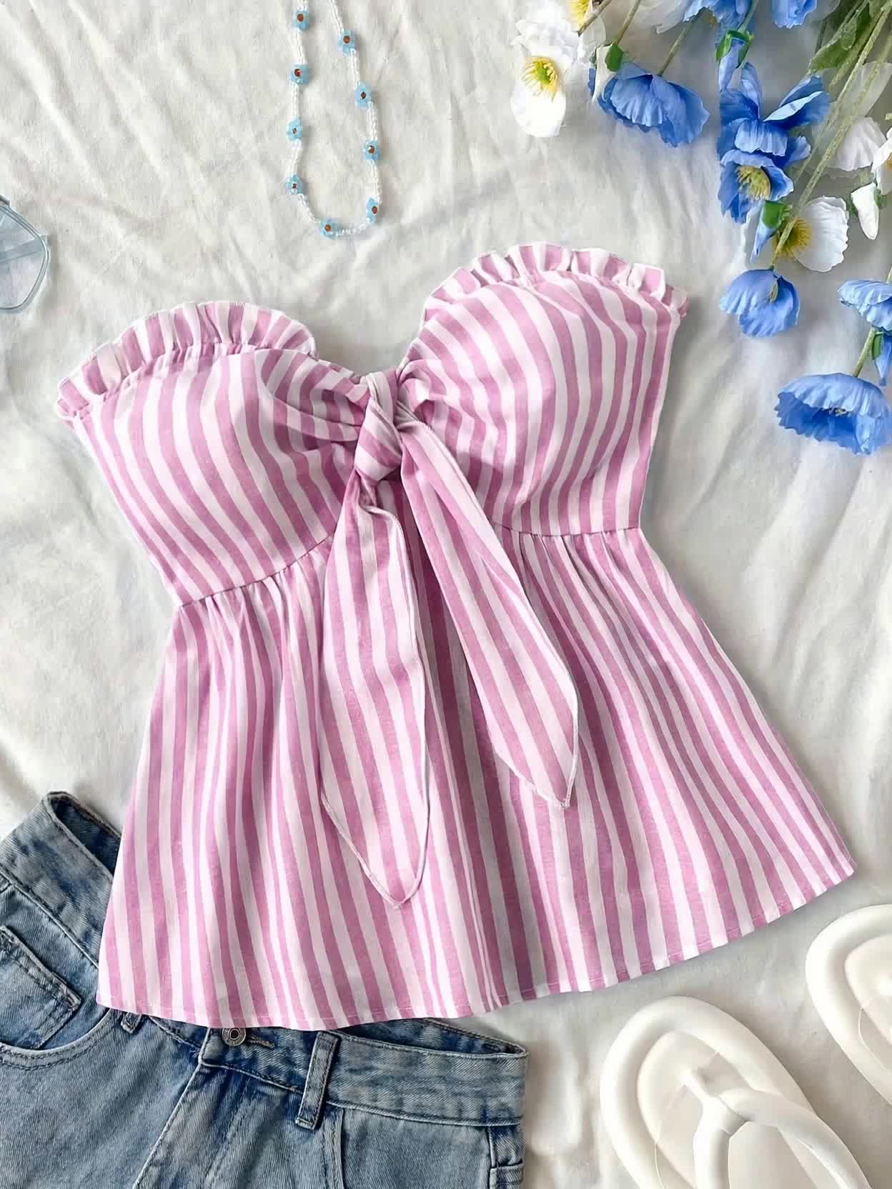 Striped tied-front bustier top casual style for women