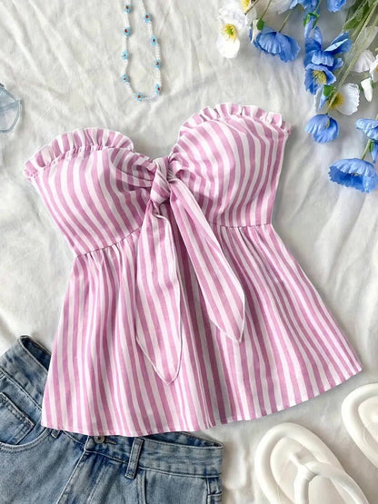 Striped tied-front bustier top casual style for women