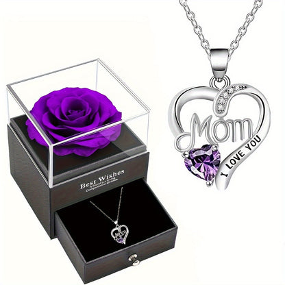 Collier Femme Pendentif Coeur 'Mom' avec Rose Éternelle – Cadeau Élégant pour la Fête des Mères