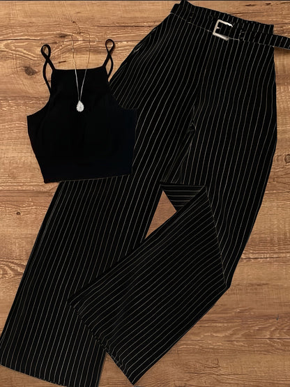 Ensemble femme élégant à rayures pour printemps/été, pantalon large et crop top chic