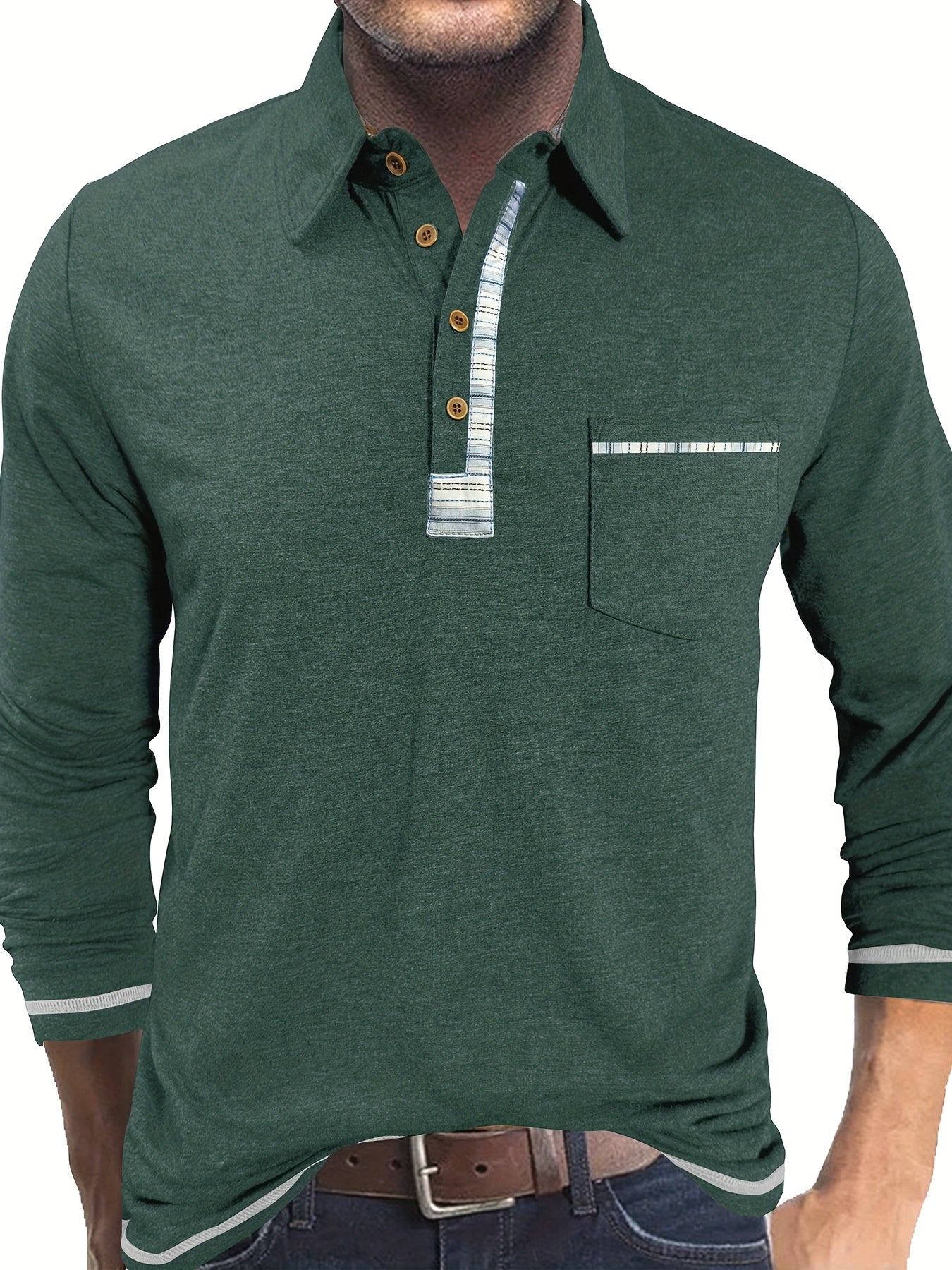 Polo Homme Manches Longues Détails Ethniques Boutons Beige