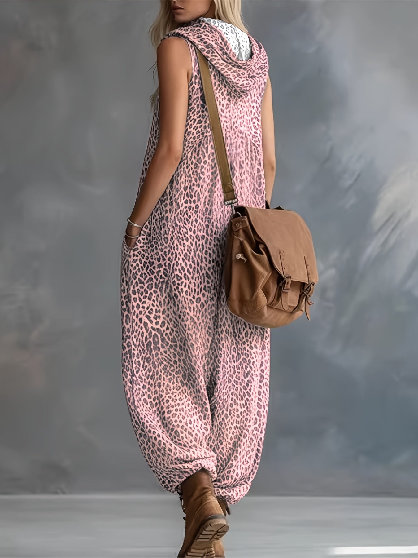 Combinaison pantalon femme motif léopard sans manches avec capuche et poches