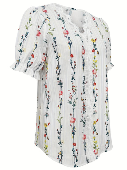 Elegant Women's Blouse with Short Sleeves, Ruffled Collar, Floral Print, Casual Chic Style