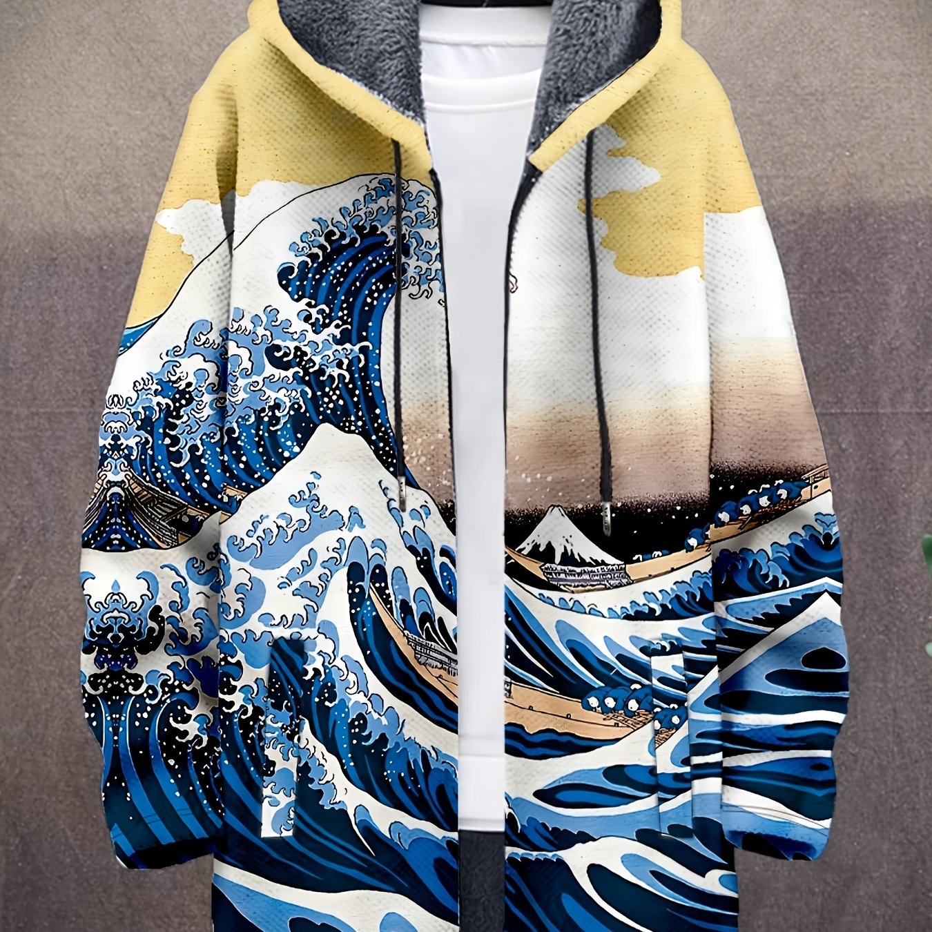 Manteau à capuche doublé en polaire imprimé fantaisie pour homme, fermeture éclair, motif vagues ou animaux
