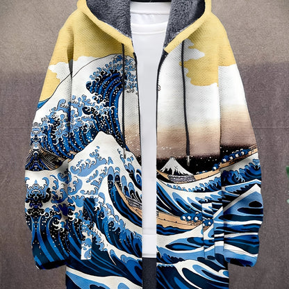 Manteau à capuche doublé en polaire imprimé fantaisie pour homme, fermeture éclair, motif vagues ou animaux