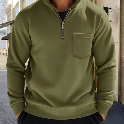 Sweat-shirt Homme Col Montant Zippé avec Poche Poitrine Couleur Unie