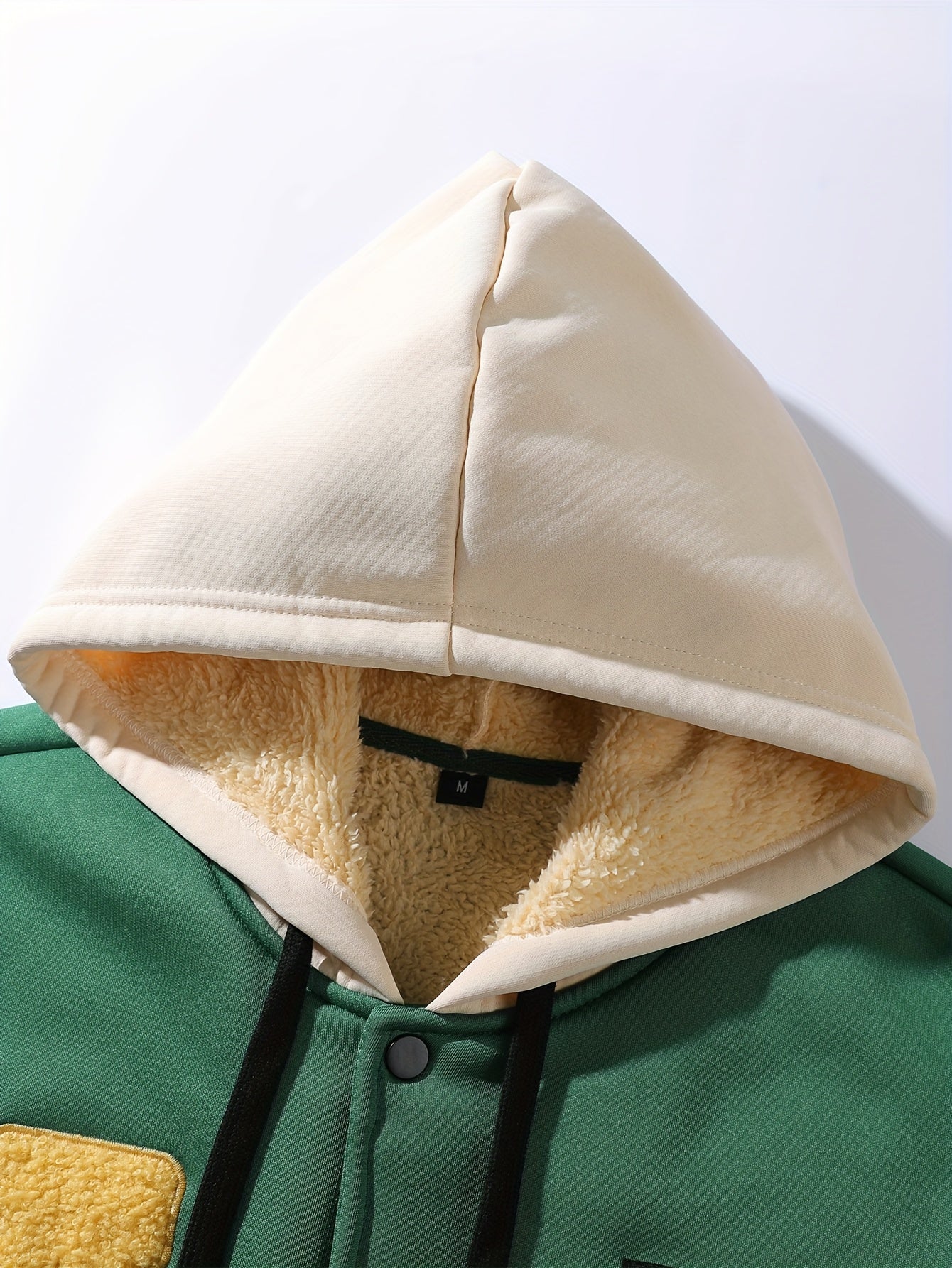 Blouson Teddy Homme Vert et Crème Doublé Capuche Style Universitaire