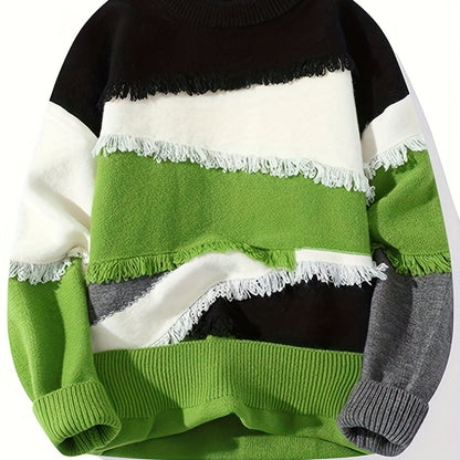 Pull Homme Col Rond Color Block à Franges Tricoté Décontracté