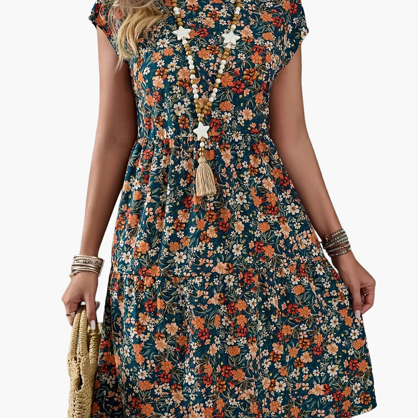 Abito floreale casual da donna stile vacanze con maniche corte