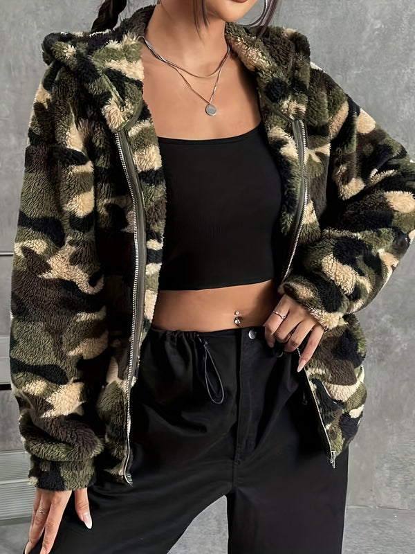 Giacca con cappuccio e zip mimetica da donna, fantasia delicata