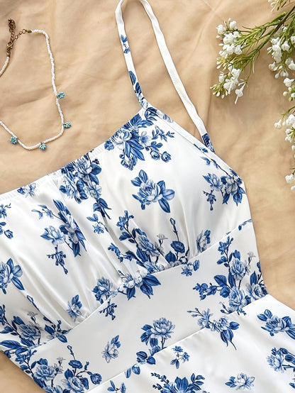 Abito estivo femminile stile elegante a fiori, taglio a trapezio, uso quotidiano o occasione speciale
