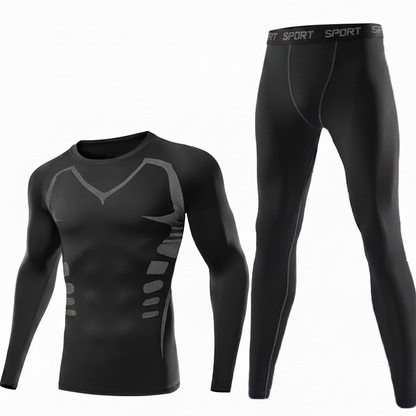 Ensemble Sport Homme 2 Pièces Noir Manches Longues et Pantalon de Compression avec Détails Graphiques