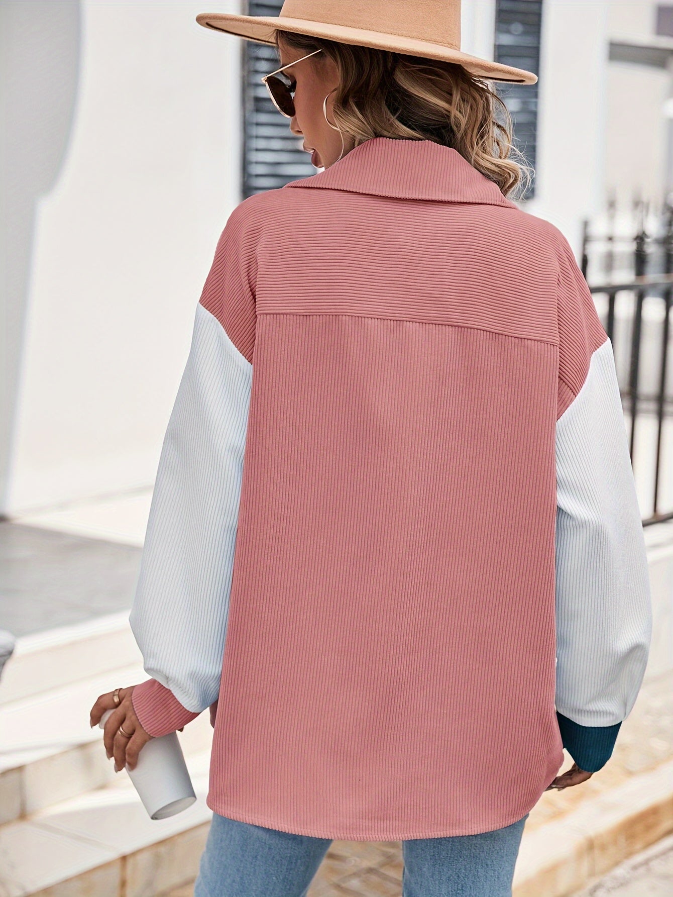 Veste Chemise Femme Blocs de Couleurs Velours Côtelé Boutons Col Chemise Manches Longues