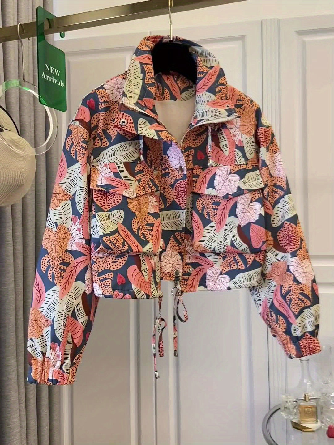 Veste courte à motif floral et abstrait pour femme avec col montant et cordon de serrage
