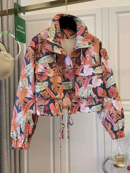Veste courte à motif floral et abstrait pour femme avec col montant et cordon de serrage