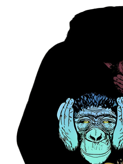 Sweat à capuche noir unisexe motif singes de la sagesse imprimés