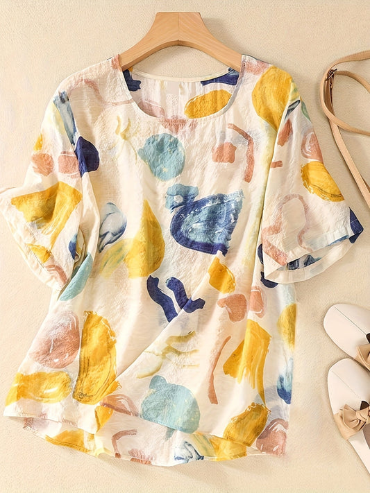 Women's Blouse Casual Style with Abstract Print Short Sleeves