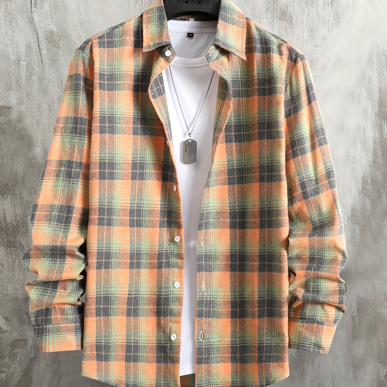 Chemise à carreaux homme, manches longues, orange et gris, style décontracté