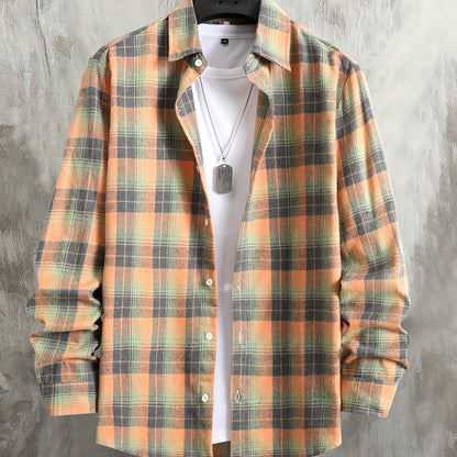 Chemise à carreaux homme, manches longues, orange et gris, style décontracté