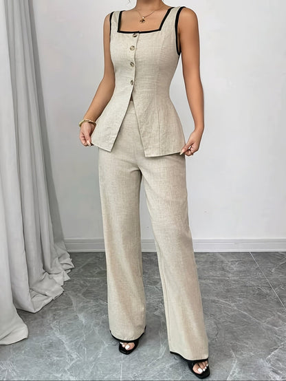 Elegantes Damen-Hosen- und Oberteil-Set im Büro-Stil mit Knöpfen – Frühling/Sommer