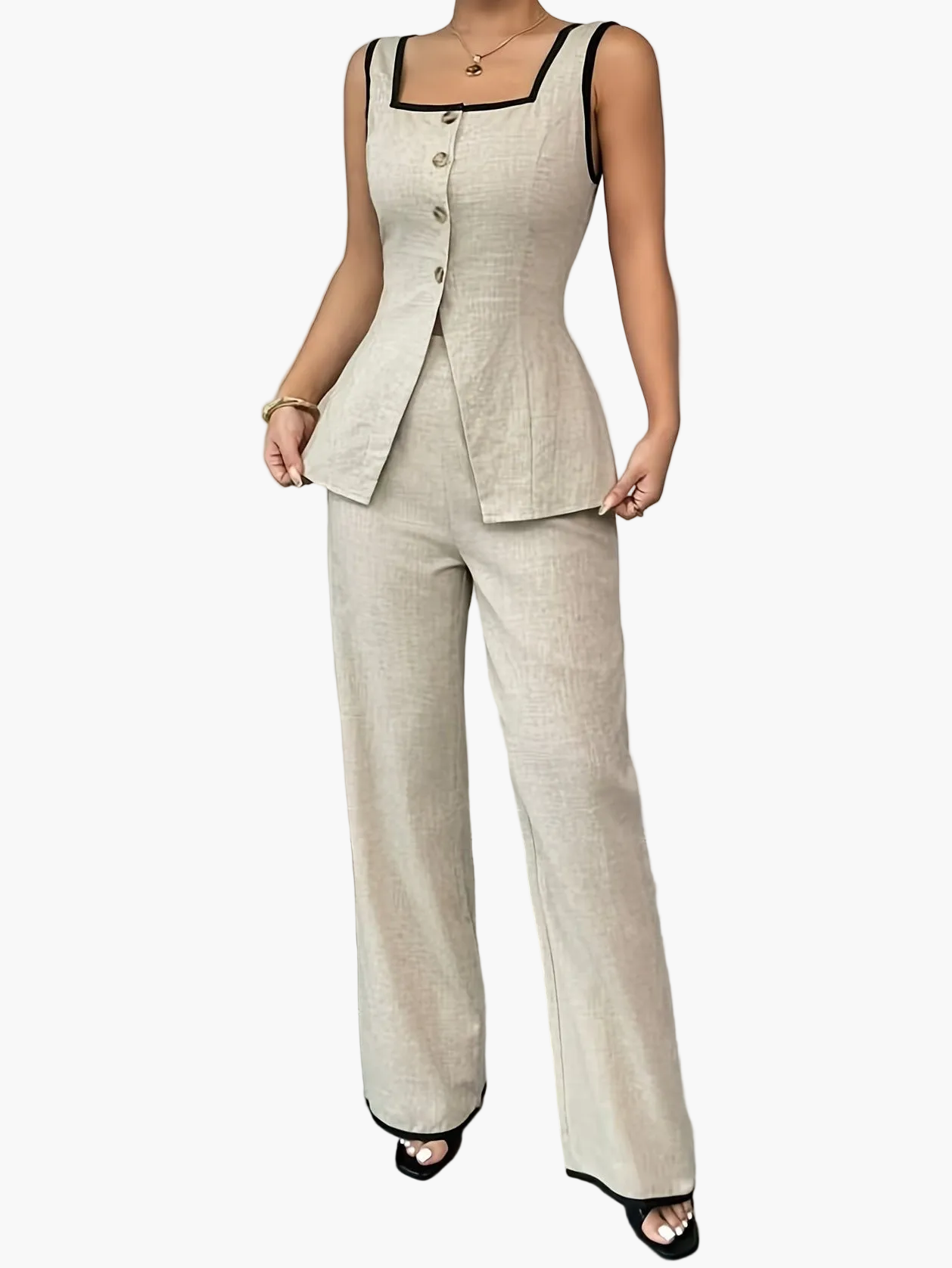 Elegantes Damen-Hosen- und Oberteil-Set im Büro-Stil mit Knöpfen – Frühling/Sommer