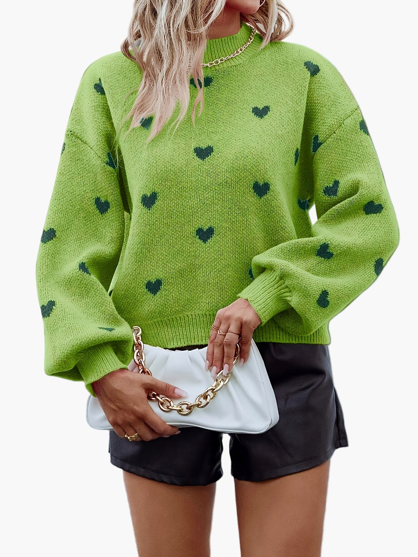 Pull décontracté à motif cœur pour femme, style automne-hiver, col montant tendance