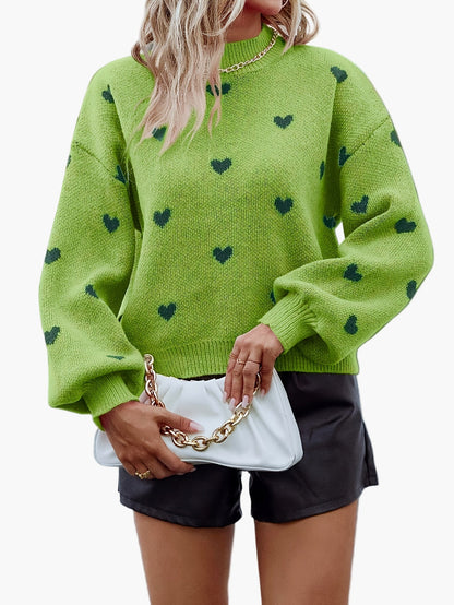 Pull décontracté à motif cœur pour femme, style automne-hiver, col montant tendance