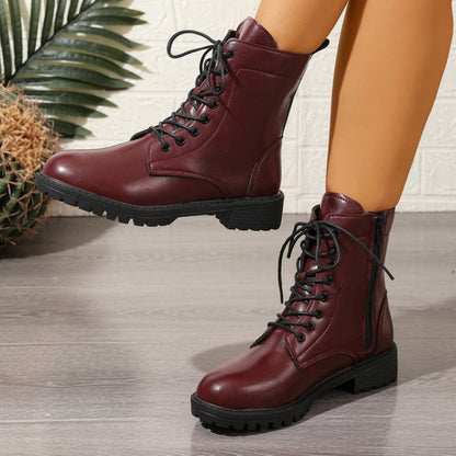 Bottes chelsea femme bordeaux à lacets et fermeture éclair latérale, semelle épaisse