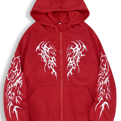Sweat à capuche zippé noir avec motif tribal rouge manches longues
