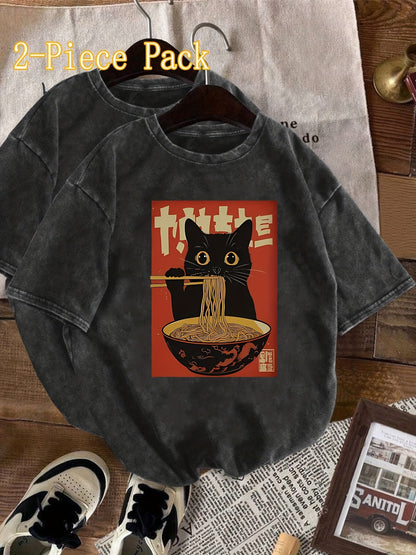 T-shirt Femme Style Vintage avec Chat Mangeant des Nouilles – Graphique Japonais, Décontracté et Original