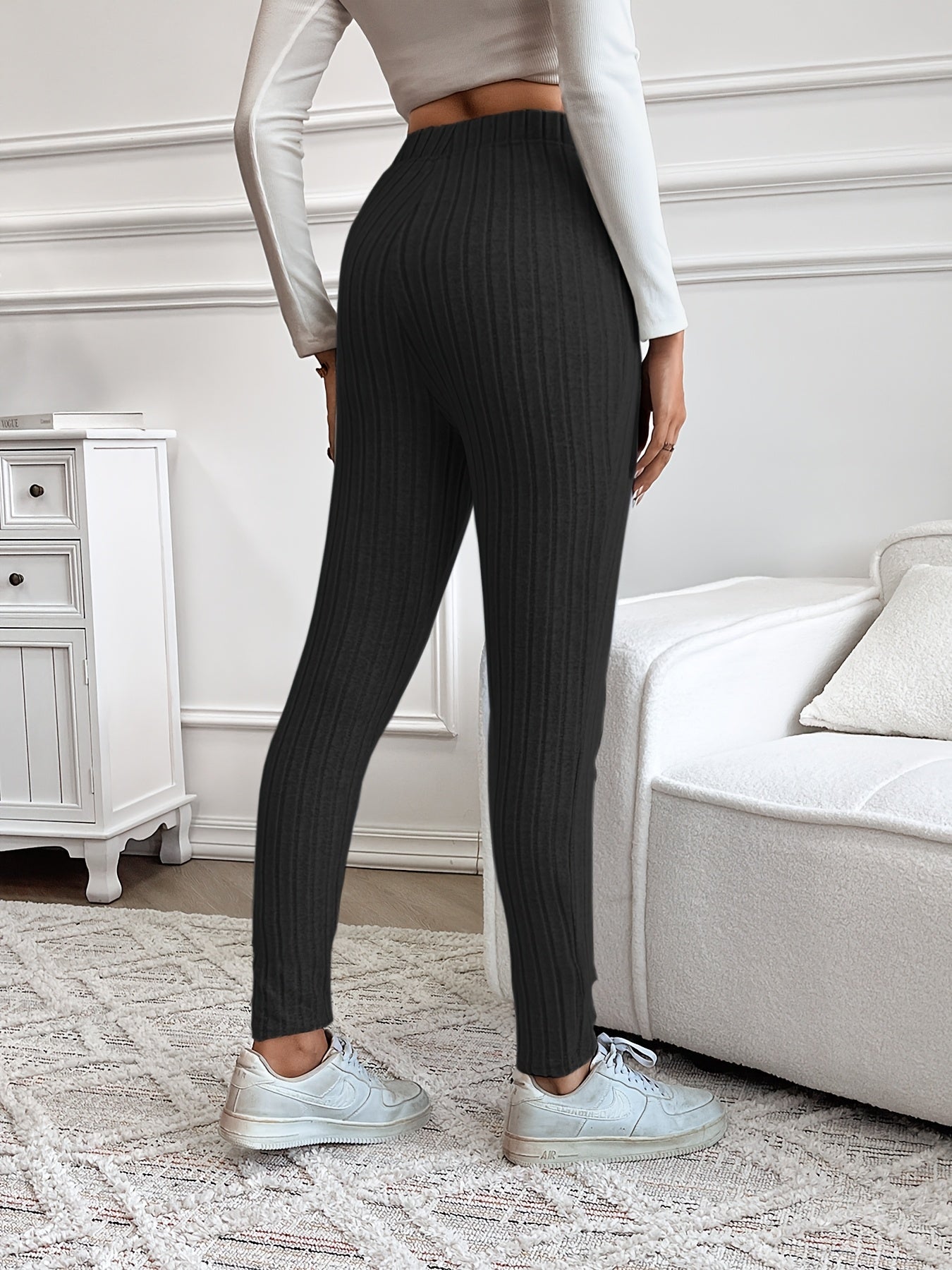 Legging Femme Côtelé Taille Haute Ajustable Confortable Marron Chiné