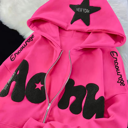 Sweat à Capuche Zippé Femme Rose Vif Étoile New York Lettrage Noir