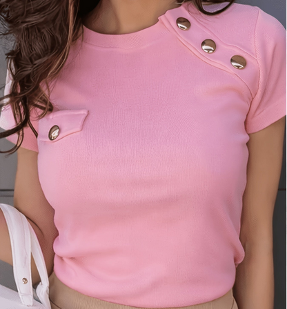 Damen T-Shirt mit kurzen Ärmeln und dekorativen Knöpfen, moderner schicker Stil