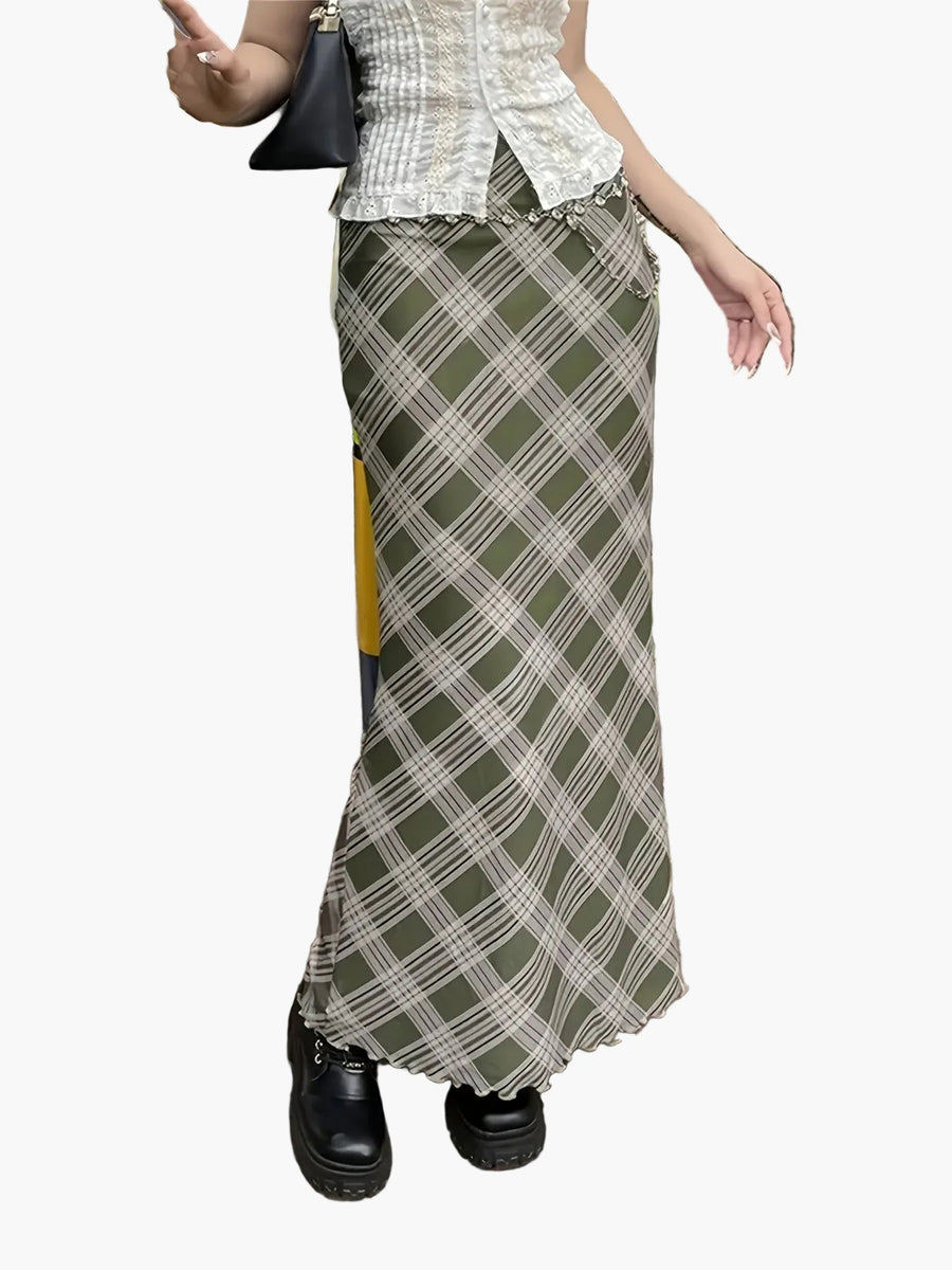 Jupe longue à carreaux géométriques style élégant pour femme