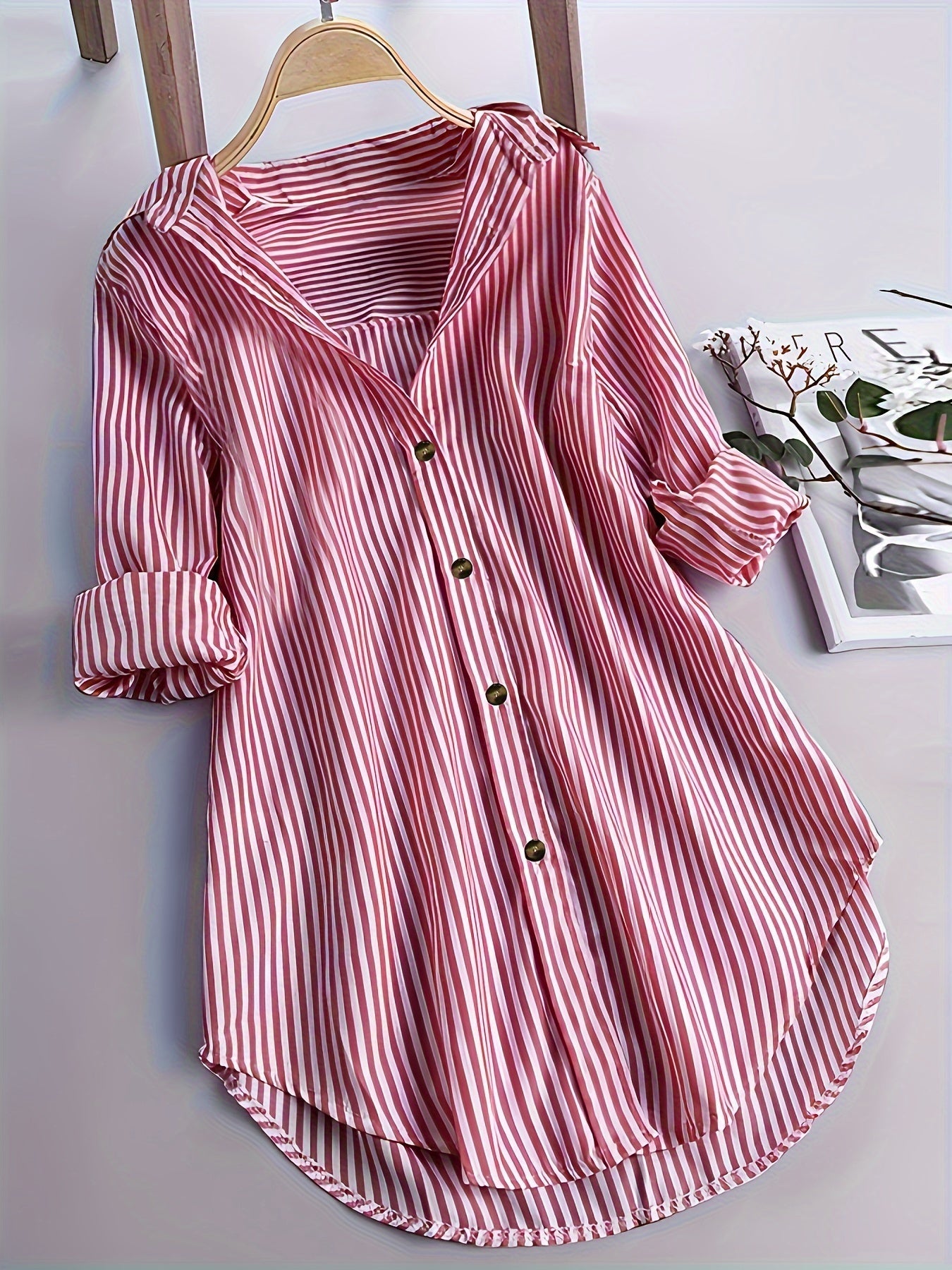 Camicia lunga a righe stile casual da donna, maniche lunghe, ideale per tutti i giorni