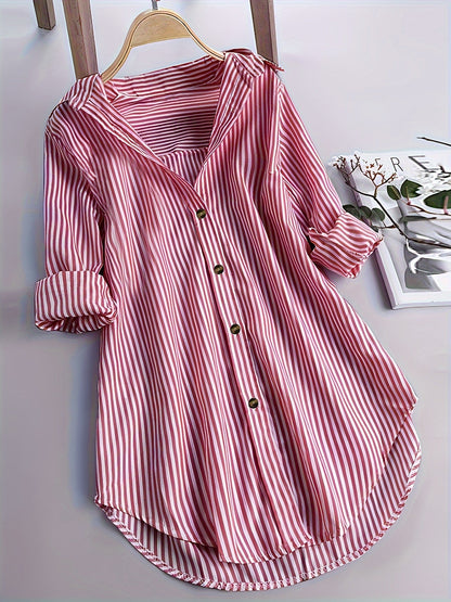 Camicia lunga a righe stile casual da donna, maniche lunghe, ideale per tutti i giorni