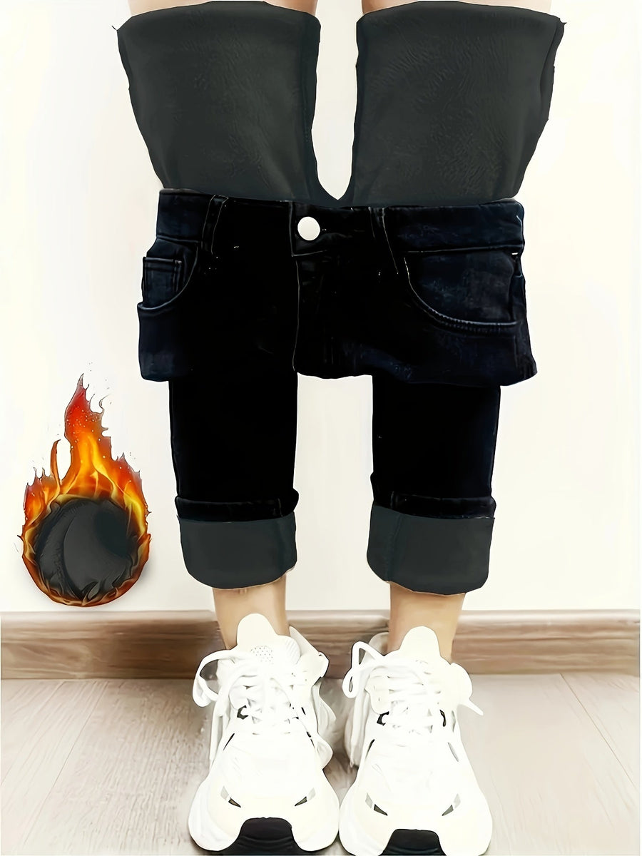Women's high-waisted black denim-look fleece-lined leggings