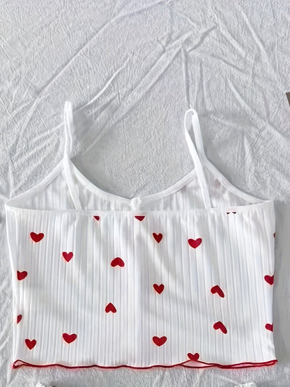 Pyjama d'été femme deux pièces style mignon à cœurs, ensemble débardeur et short, confortable pour la nuit