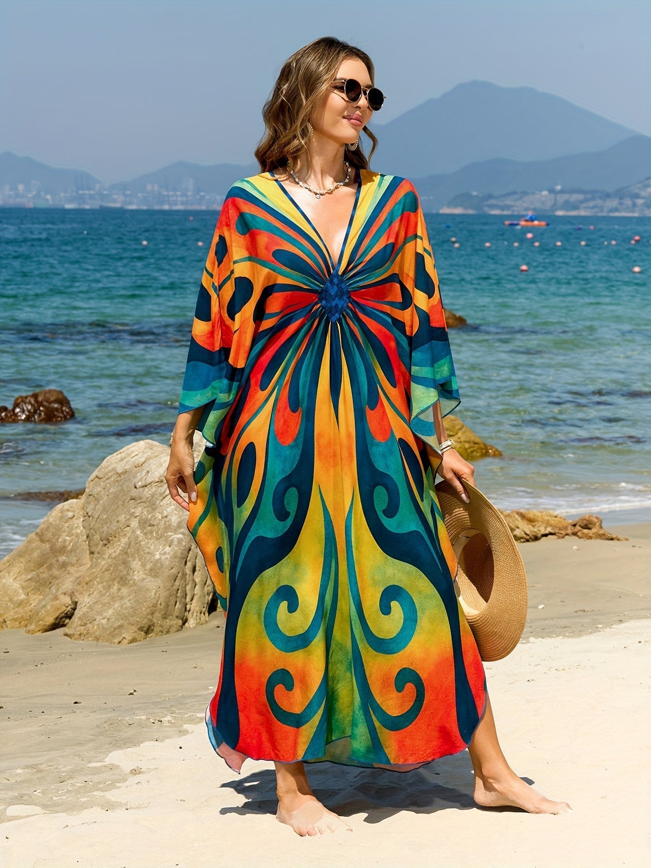 Lang caftan til kvinder i boheme-stil til strand og ferie