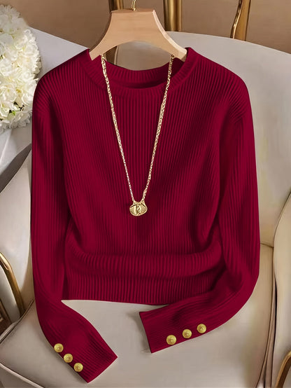 Pull femme marron côtelé col rond manches longues à boutons dorés