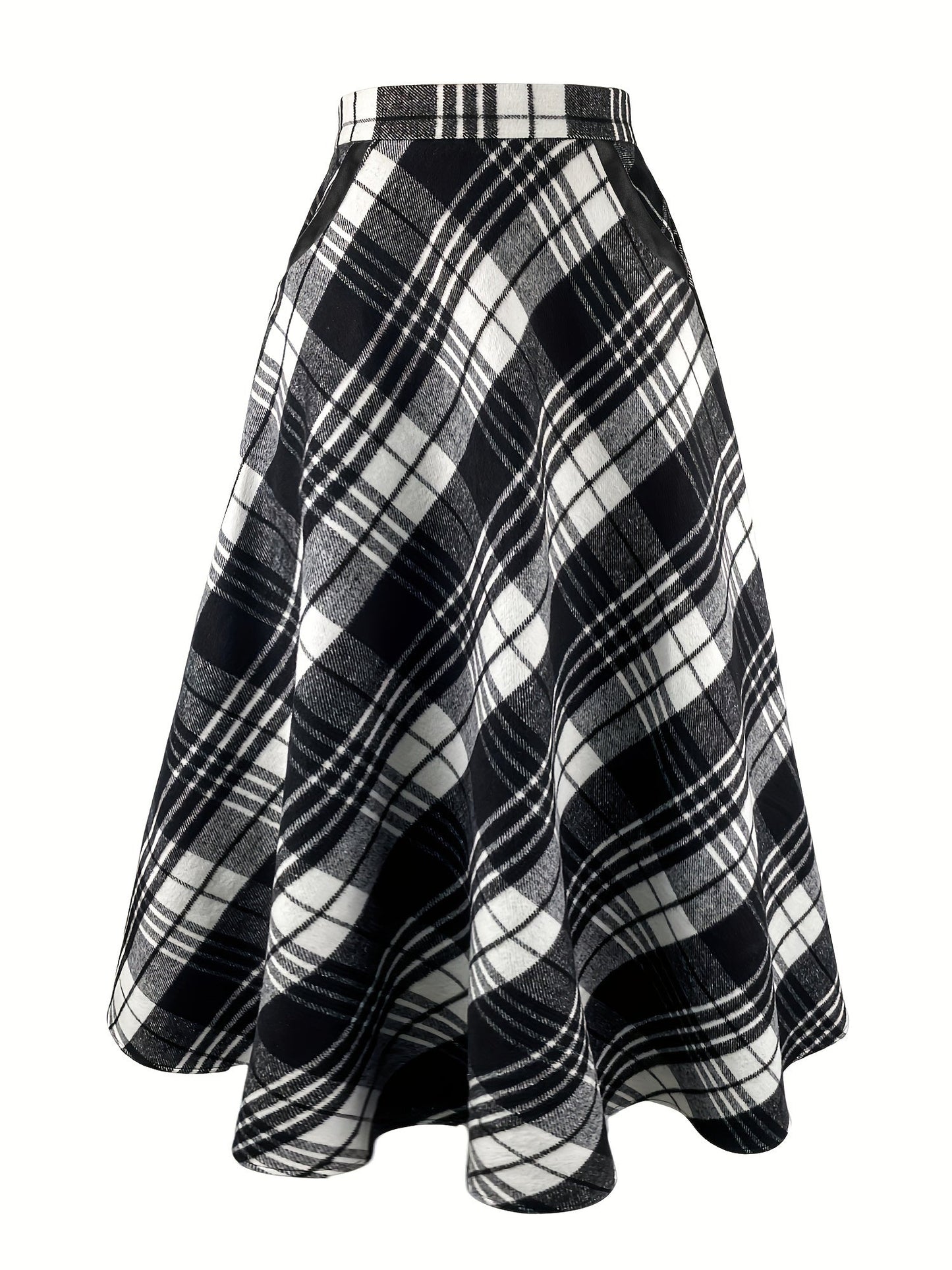 Jupe longue évasée à carreaux style écossais noir et blanc pour femme