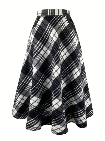 Jupe longue évasée à carreaux style écossais noir et blanc pour femme