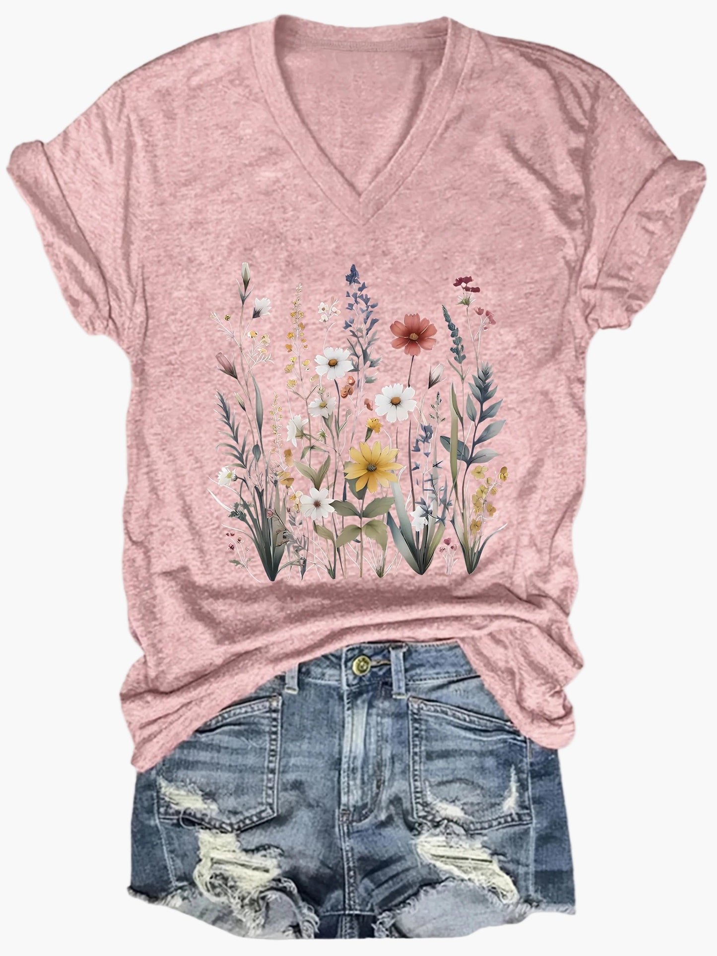 Afslappet dame-T-shirt med V-hals og boheme blomsterprint til sommeren